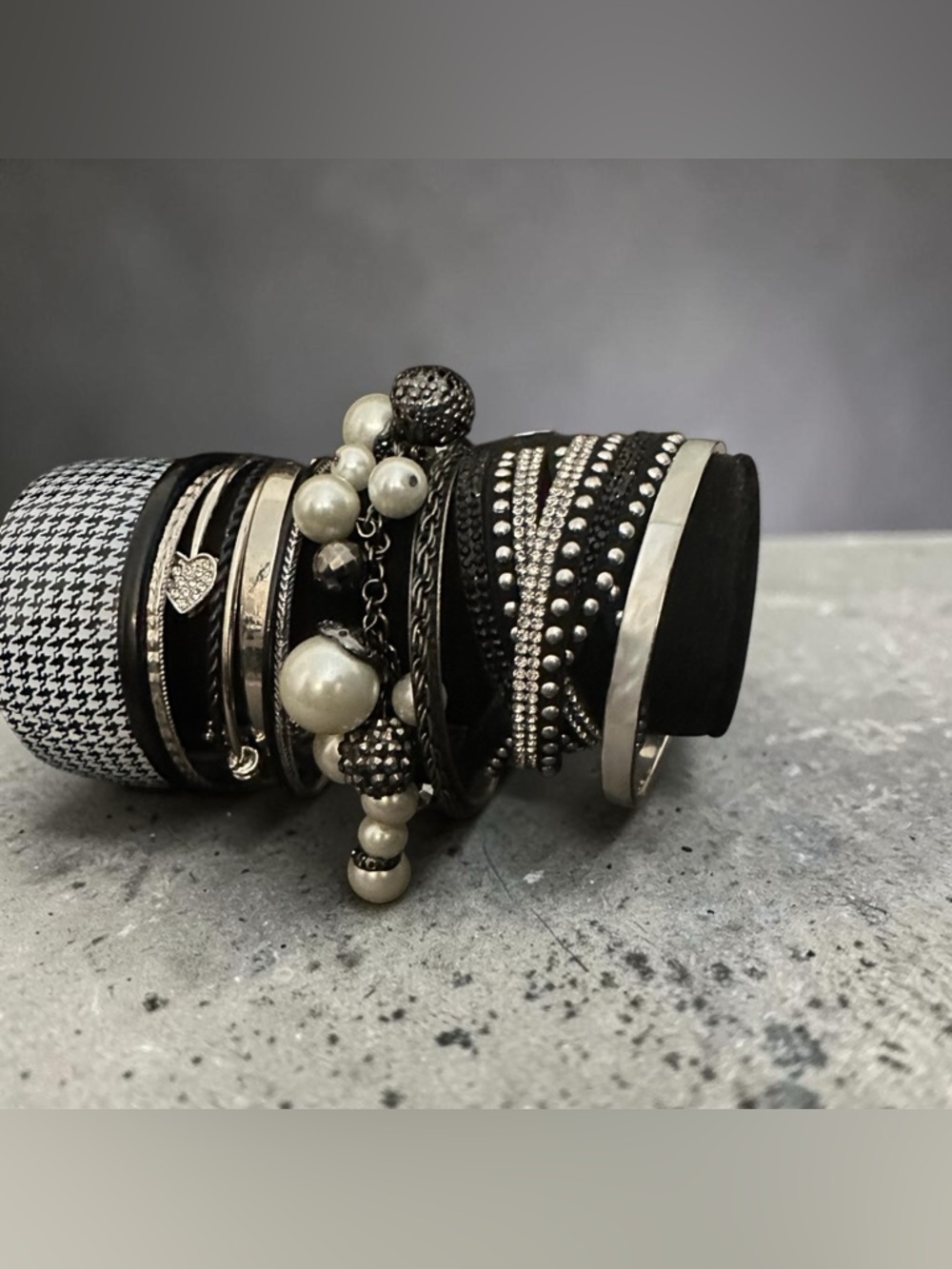 Boho Glam Stacking Bracelets Gunmetal Hematite Crystals & Multi Strand Leather - Picture 2 of 4